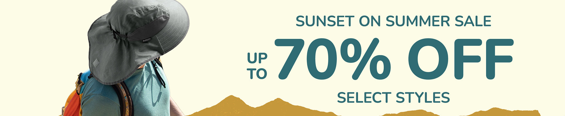Promotional banner for a "Sunset on Summer Sale" advertising "up to 70% off select styles"