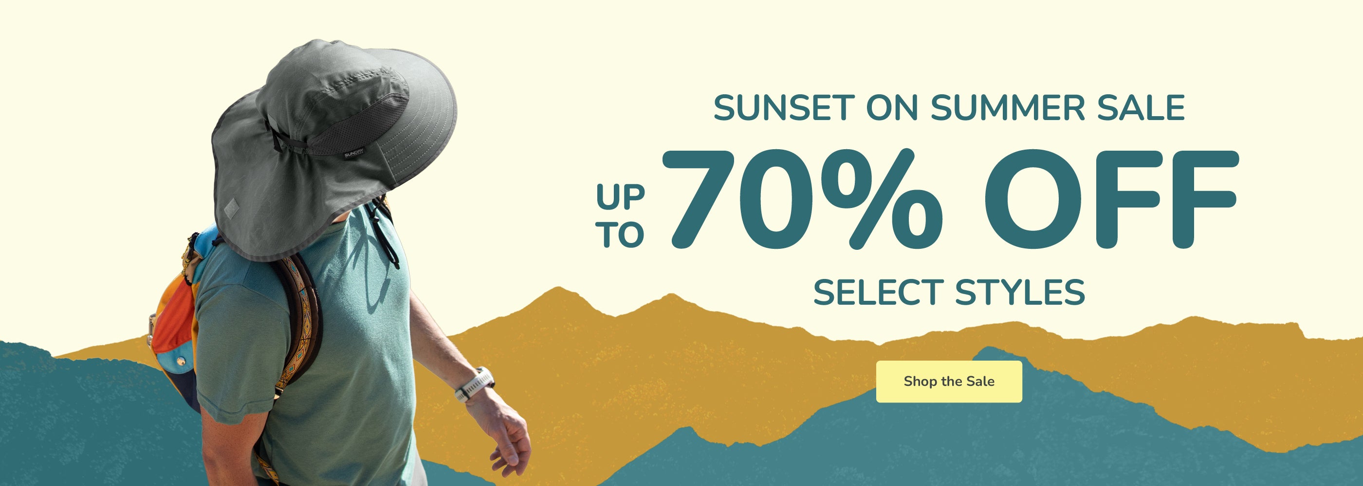 Promotional banner showing a man with a caped sun hat with text overlayed that reads "Sunset on Summer Sale, up to 70% off select styles. Shop the Sale."
