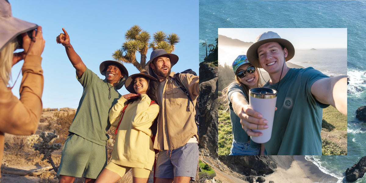 Two images, on the left an image of a group posing for a photo wearing Sunday Afternoons Ultra Adventure Hats in a desert setting. On the right a couple taking a selfie wearing a Sunday Afternoons boonie hat and a trucker.